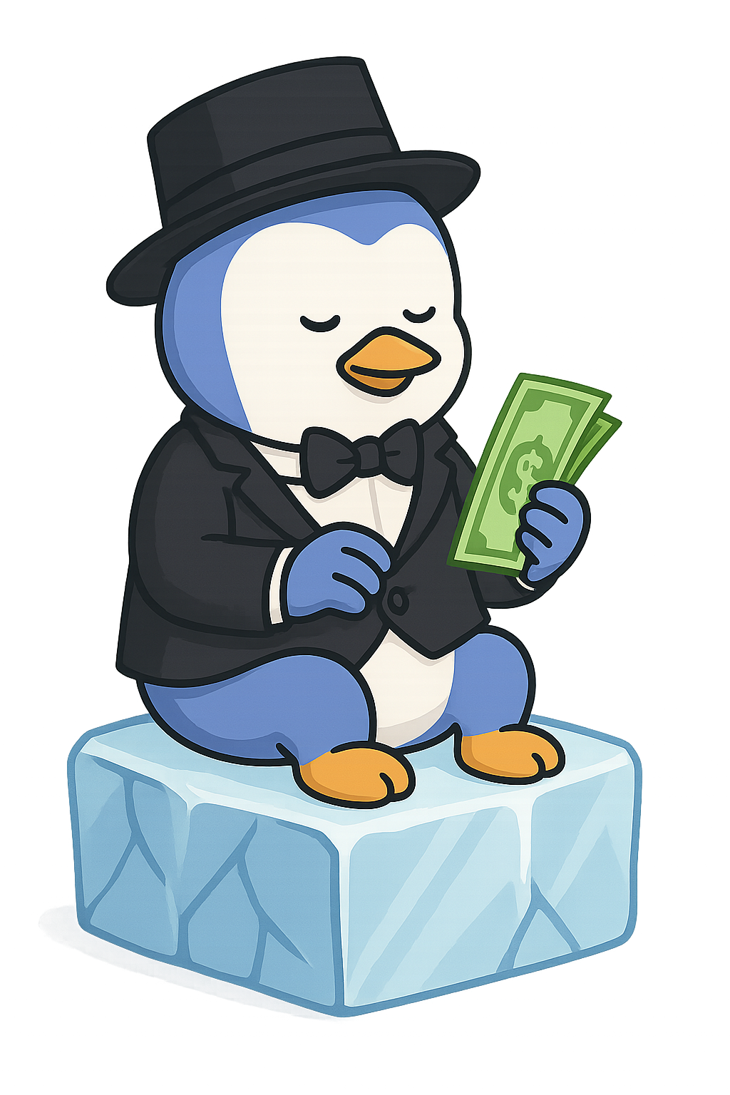 Paxton in formal attire with money sitting on ice
